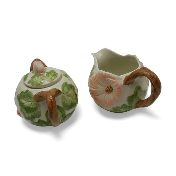 FITZ and FLOYD Hibiscus Floral Sugar and Creamer Set 1987 Vintage - Picture 3 of 11